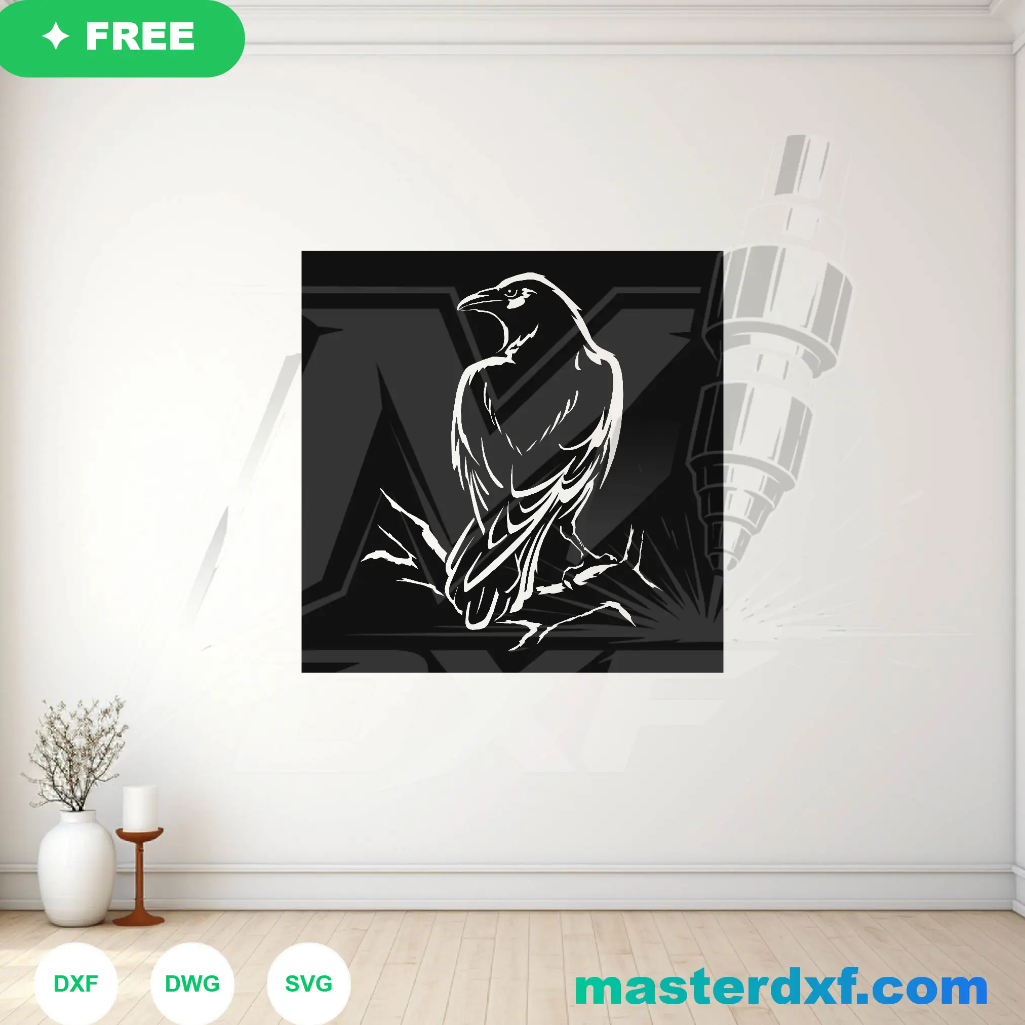 Mystical Raven Perched on Branch Silhouette Wall Art DXF File — Free Download for Laser CNC Plasma